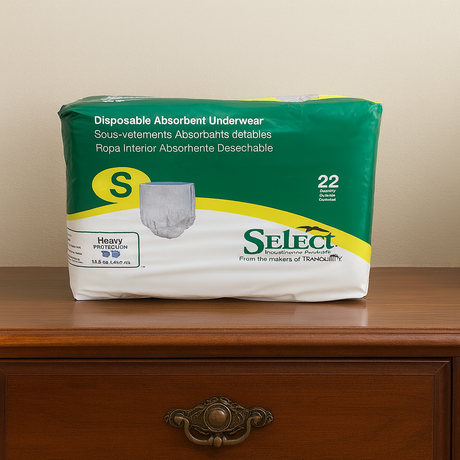 Package of Select Disposable Absorbent Underwear, size small, heavy protection 22-count, designed for incontinence care – available at Dahl Medical Supply.