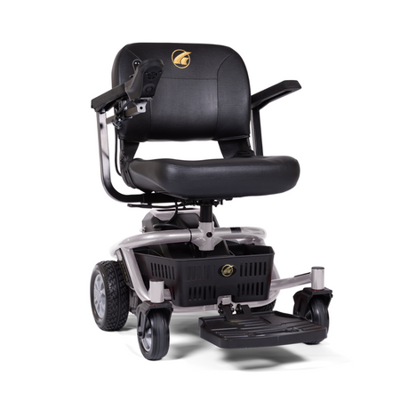 Front view of a black and silver power wheelchair available for weekly rental from Dahl Medical Supply. Features padded seat, joystick control, and compact design.