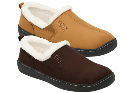 Men’s diabetic slippers with soft fleece lining and supportive non-slip soles in brown and tan, available at Dahl Medical Supply for all-day comfort and foot protection.