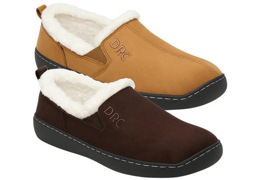 Men’s diabetic slippers with soft fleece lining and supportive non-slip soles in brown and tan, available at Dahl Medical Supply for all-day comfort and foot protection.