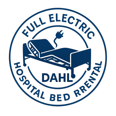 Blue Dahl Medical Supply logo featuring a hospital bed icon with power plug and text reading “Full Electric Hospital Bed Rental,” symbolizing adjustable comfort and care.
