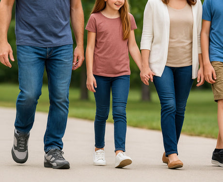 Man wearing gray diabetic walking shoes while strolling with family outdoors, representing comfortable and supportive clearance footwear from Dahl Medical Supply.