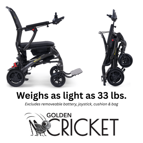 Golden Cricket portable power wheelchair shown in open and folded positions, weighing just 33 lbs—lightweight, travel-ready mobility chair available at Dahl Medical Supply in Burnsville, Minnesota.