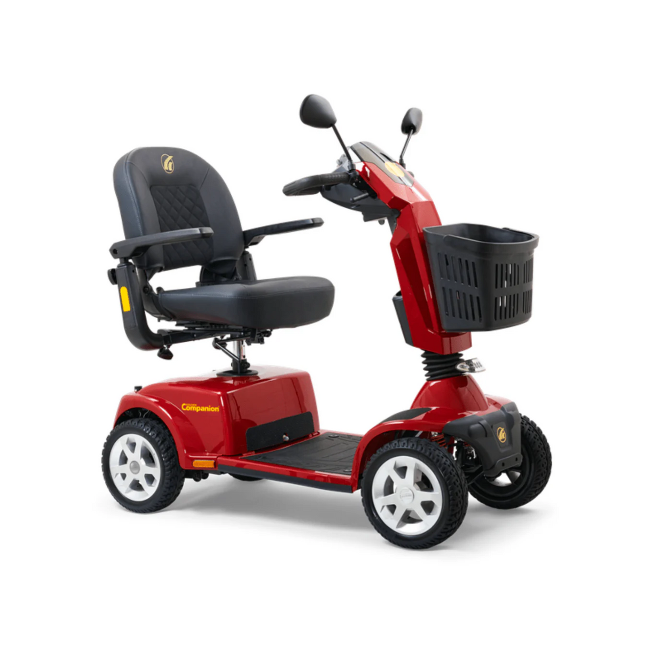 Golden Companion 4-wheel full-size mobility scooter in crimson red with padded swivel seat, front basket, and ergonomic tiller—available at Dahl Medical Supply for long-range comfort and stability.
