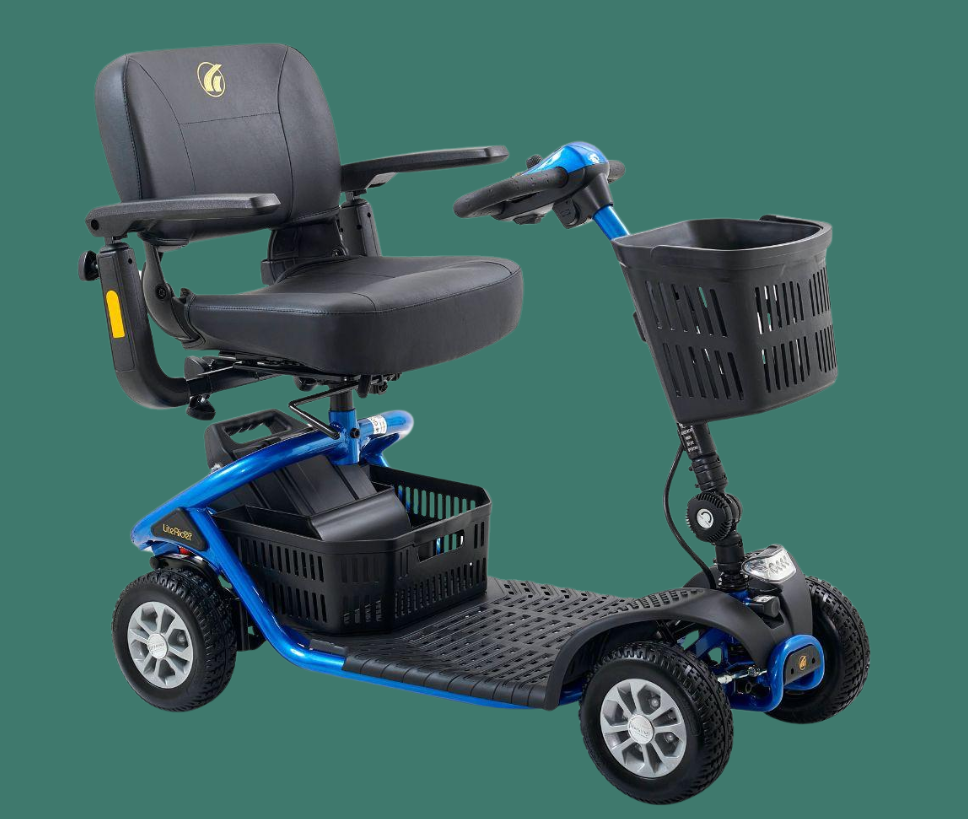 Golden LiteRider 4-wheel mobility scooter available for rental through Dahl Medical Supply, featuring a padded swivel seat, storage baskets, and easy-to-use controls.
