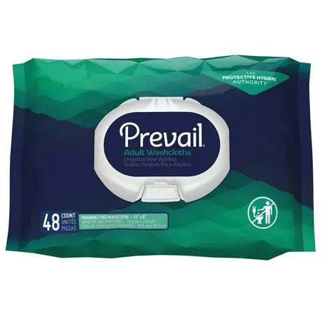 Package of Prevail Adult Washcloths, 48-count fragrance-free wipes designed for gentle personal hygiene and incontinence care – available at Dahl Medical Supply.