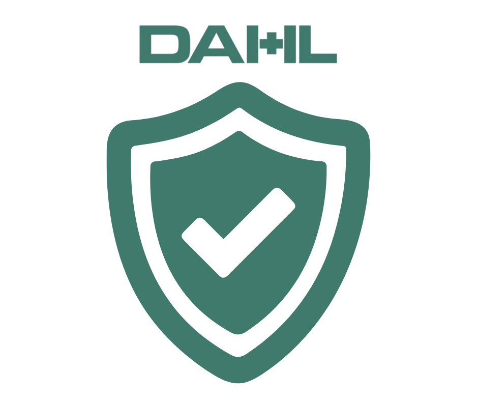Dahl Medical Supply shield logo with checkmark symbolizing trusted quality, safety, and certified protection for used medical equipment.