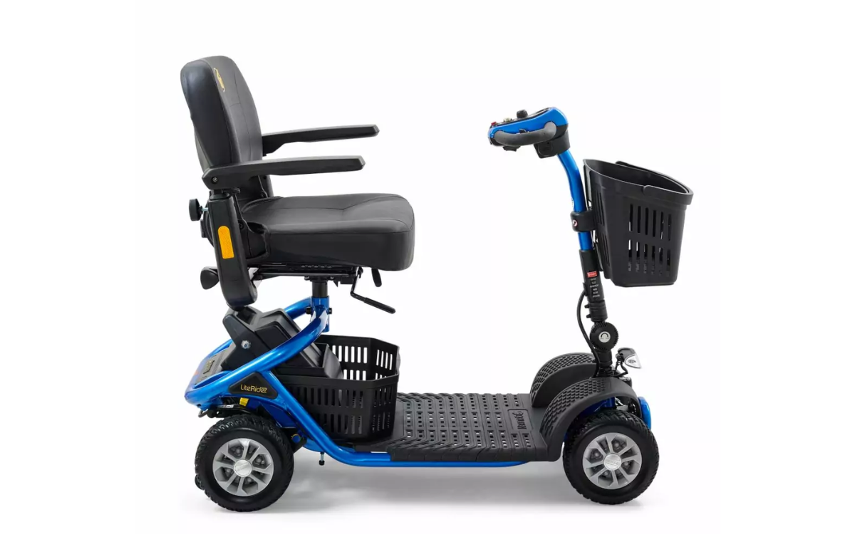 Golden LiteRider 4-wheel mobility scooter in blue with padded swivel seat and front basket—available for rental at Dahl Medical Supply in Burnsville, Minnesota, serving the Twin Cities area.