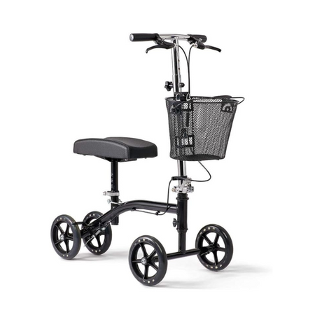 Black knee roller walker with padded knee rest, hand brakes, and front basket—available for rental at Dahl Medical Supply in Burnsville, Minnesota, serving the Twin Cities area.