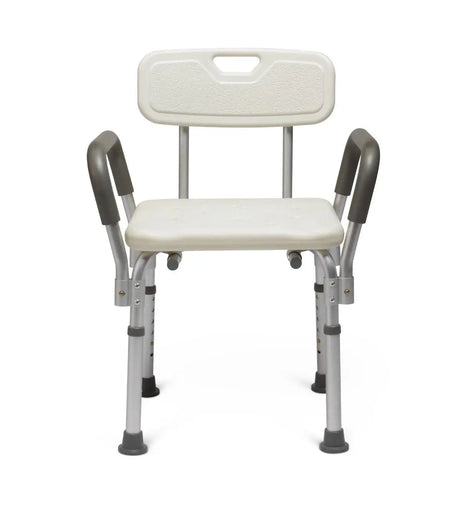 Adjustable shower chair with backrest and padded arm supports, designed for safe and comfortable bathing, available from Dahl Medical Supply.