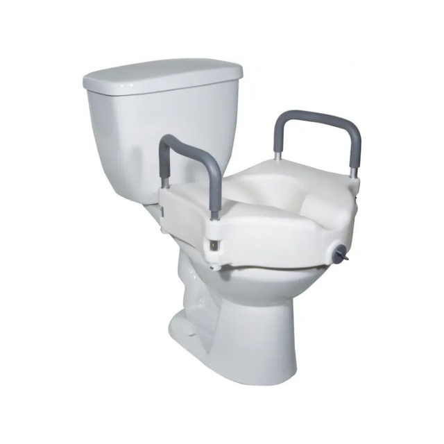 Drive Medical 2-in-1 locking raised toilet seat with removable padded arms installed on a standard toilet, adding height and stability for safer bathroom use.
