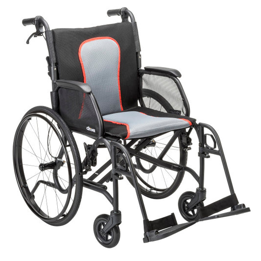 Lightweight AeroFly Ultra Lite Wheelchair with gray and red seat, quick-release wheels, and swing-away footrests.