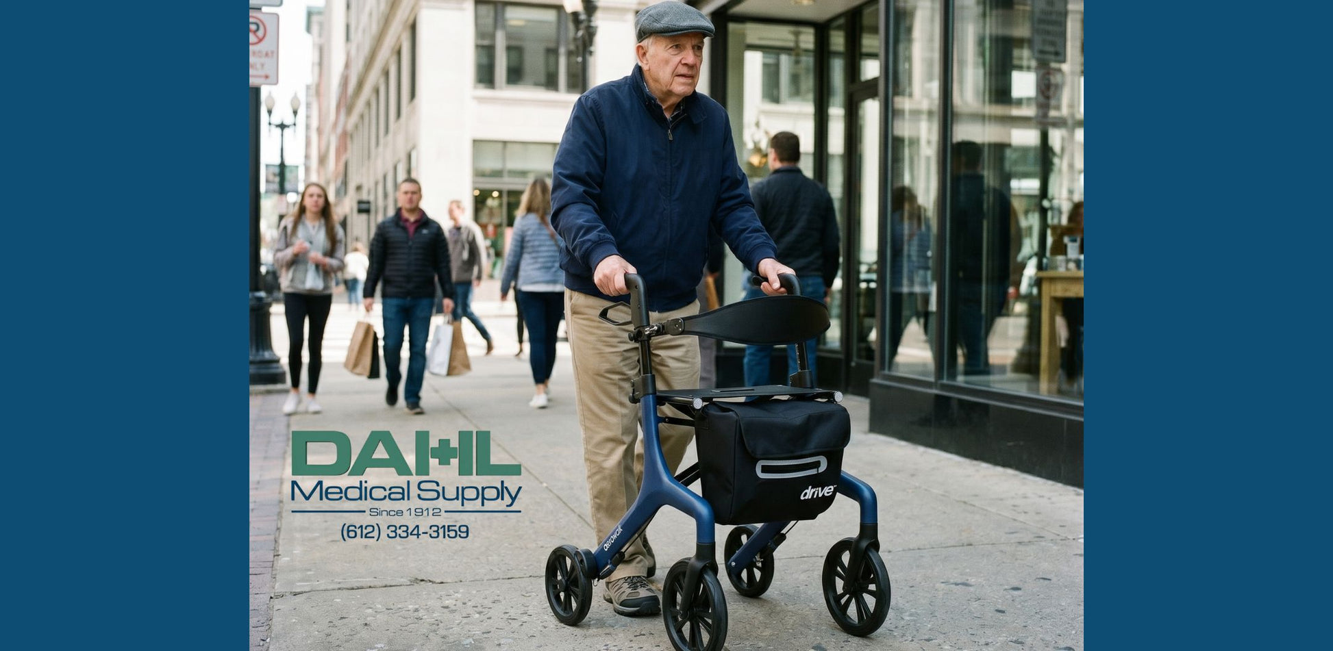 A senior man walking outdoors on a city sidewalk using a blue Drive Medical AeroWalk Ultra-Lite Rollator with seat and storage bag, promoting mobility and independence