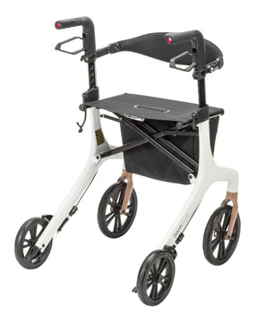 Rear angle view of the AeroWalk Ultra-Lite Rollator in white, showing ergonomic handles, padded backrest, wide seat, large wheels, and under-seat storage bag