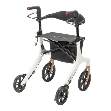 Rear angle view of the AeroWalk Ultra-Lite Rollator in white, showing ergonomic handles, padded backrest, wide seat, large wheels, and under-seat storage bag