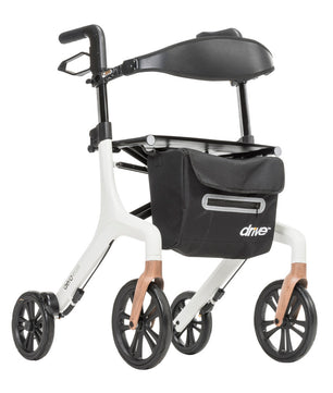 AeroWalk Ultra-Lite Rollator Walker with sleek white frame, ergonomic hand grips, large wheels, padded seat, and under-seat storage bag