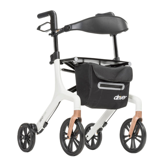 AeroWalk Ultra-Lite Rollator Walker with sleek white frame, ergonomic hand grips, large wheels, padded seat, and under-seat storage bag