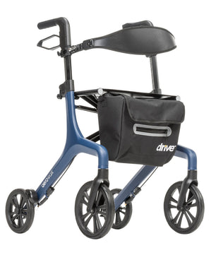 Blue AeroWalk Ultra-Lite Rollator Walker featuring a durable lightweight frame, ergonomic handles, large wheels, padded seat, and storage bag