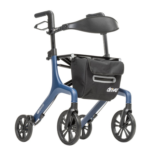 Blue AeroWalk Ultra-Lite Rollator Walker featuring a durable lightweight frame, ergonomic handles, large wheels, padded seat, and storage bag