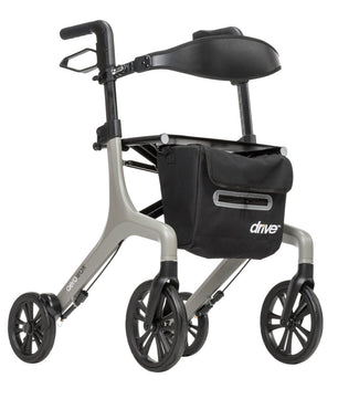 Gray AeroWalk Ultra-Lite Rollator Walker with lightweight frame, ergonomic hand grips, large wheels, padded seat, and storage bag
