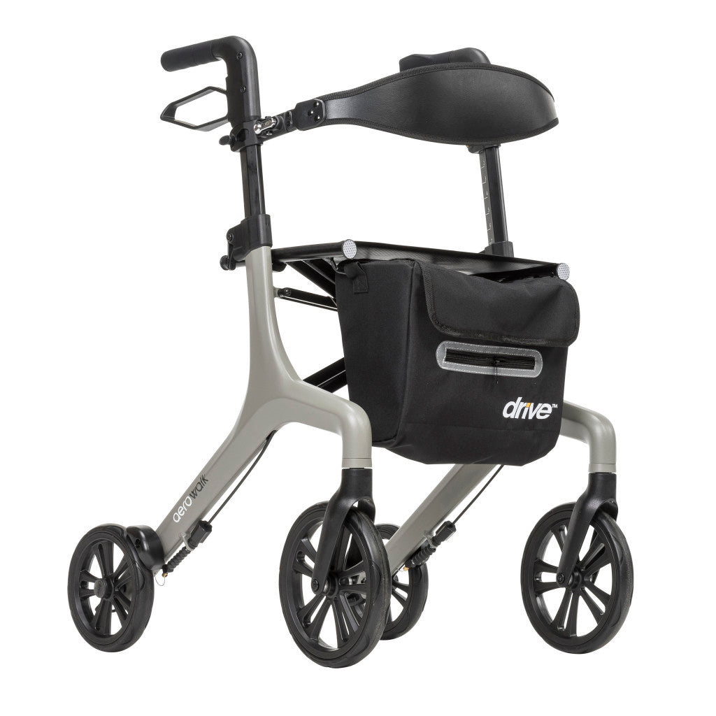 Gray AeroWalk Ultra-Lite Rollator Walker with lightweight frame, ergonomic hand grips, large wheels, padded seat, and storage bag