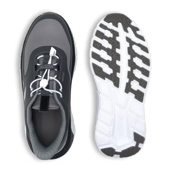 Rear view of the Anodyne No. 22 Trail Walker in grey and black, highlighting the padded heel collar, breathable mesh material, and reinforced structure for orthopedic support.