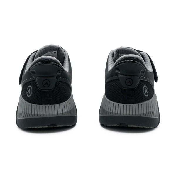 Top-down view of the Anodyne No. 46 Sport Jogger in black and grey, showing breathable mesh upper and seamless design for diabetic foot comfort