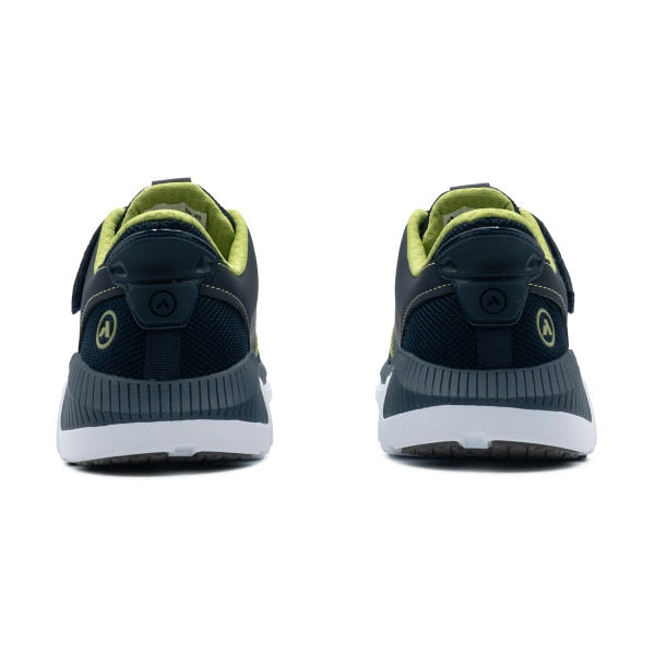 Angled top view of the Anodyne No. 46 Sport Jogger in blue and green, showcasing breathable mesh material, wide toe box, and cushioned orthopedic sole.