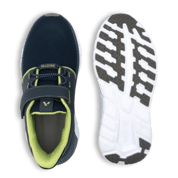 Rear view of the Anodyne No. 46 Sport Jogger in blue and green, showing the padded heel collar, breathable mesh design, and supportive athletic structure.