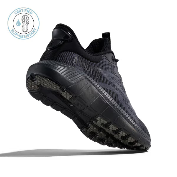 Bottom view of the Anodyne No. 48 Sport Dash showcasing the certified slip-resistant outsole, designed for enhanced traction and stability in a black therapeutic sneaker.