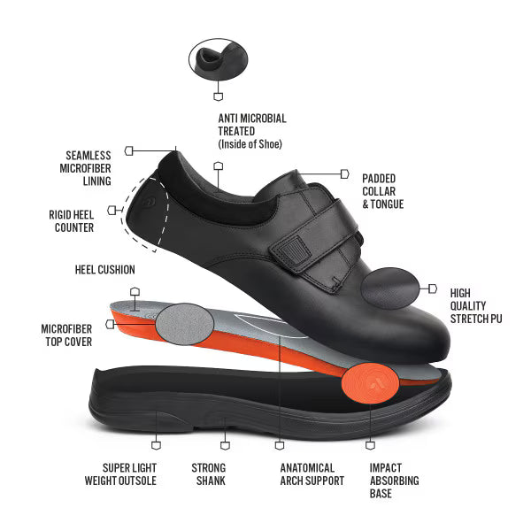 Top-down view of the Anodyne No. 88 black stretch shoe designed for extra depth, diabetic comfort, and flexible support for swollen or sensitive feet.