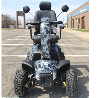 Front view of Baja Wrangler® 2 four-wheel mobility scooter with camouflage finish