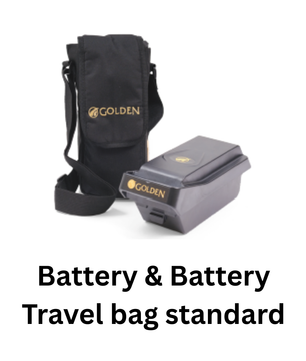 Buzzaround CarryOn® lithium battery shown with protective travel bag from Golden Technologies