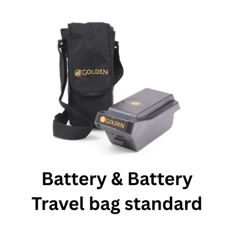 Buzzaround CarryOn® lithium battery shown with protective travel bag from Golden Technologies