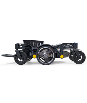 Buzzaround CarryOn® foldable mobility scooter shown in folded position with approximately 10-inch ground clearance