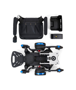 Buzzaround CarryOn® foldable mobility scooter shown with removable seat, battery, controller, and main frame components arranged separately