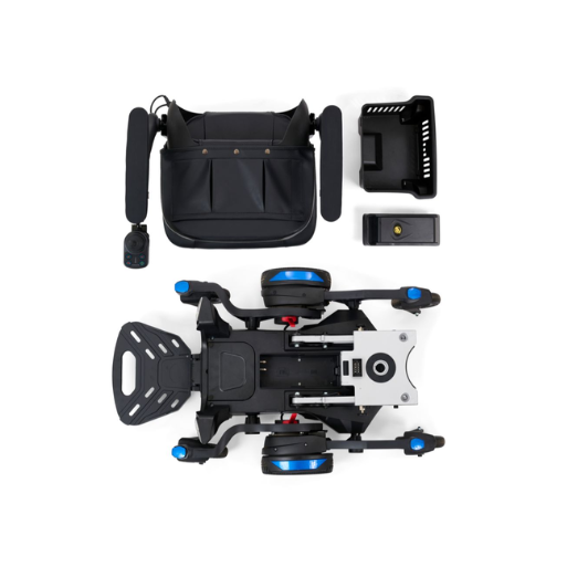 Buzzaround CarryOn® foldable mobility scooter shown with removable seat, battery, controller, and main frame components arranged separately