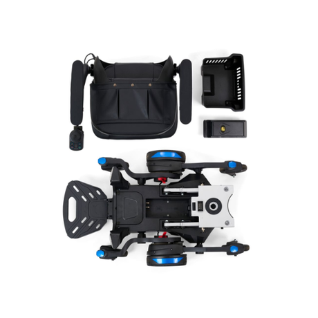 Buzzaround CarryOn® foldable mobility scooter shown with removable seat, battery, controller, and main frame components arranged separately