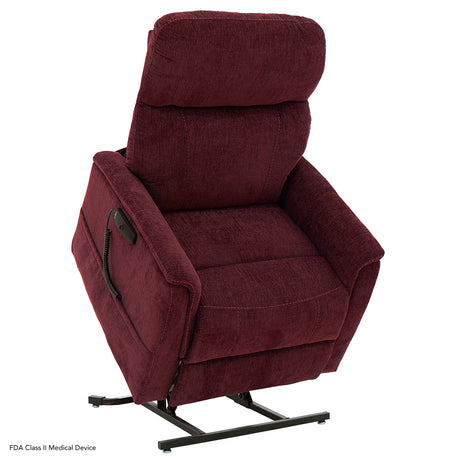 The Cabernet lift chair shown in its fully elevated state, demonstrating how the motor tilts forward to assist the user in standing up safely.