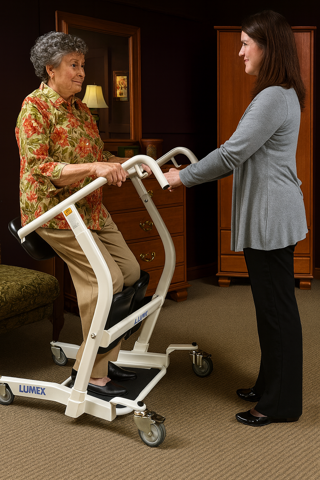 An elderly woman uses a Lumex stand assist patient transport device with the support of a caregiver in a home setting, promoting safe standing and transfers.