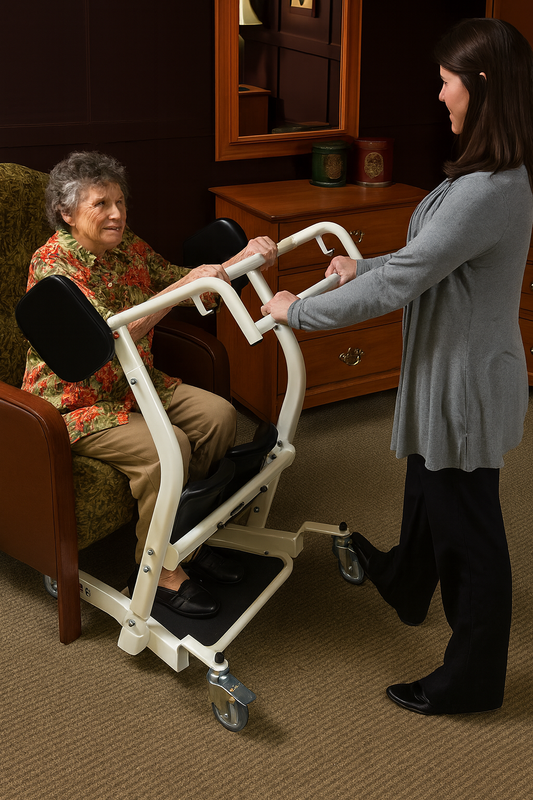 A caregiver helps an elderly woman use a stand assist patient transport device, supporting safe transfers from a chair in a home setting.