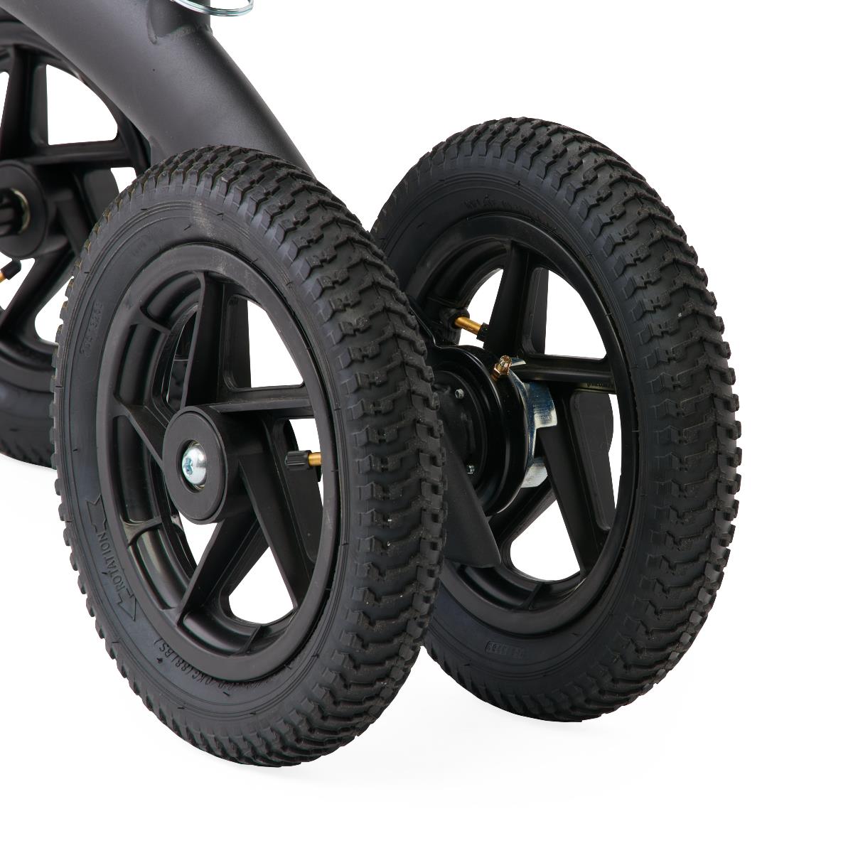 Detailed view of Medline All-Terrain Knee Walker’s dual 12-inch pneumatic wheels, designed for stability and smooth rolling on indoor and outdoor surfaces.