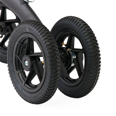 Detailed view of Medline All-Terrain Knee Walker’s dual 12-inch pneumatic wheels, designed for stability and smooth rolling on indoor and outdoor surfaces.