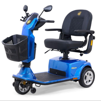 Golden Technologies Companion GC340 3-wheel mobility scooter in blue, featuring a spacious black captain’s seat with armrests, front basket, and easy-access tiller, available at Dahl Medical Supply.