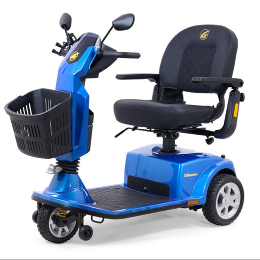 Golden Technologies Companion GC340 3-wheel mobility scooter in blue, featuring a spacious black captain’s seat with armrests, front basket, and easy-access tiller, available at Dahl Medical Supply.