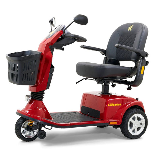 Golden Technologies Companion GC340 3-wheel mobility scooter in Crimson Red, featuring a spacious black captain’s seat with armrests, front basket, and easy-access tiller, available at Dahl Medical Supply.