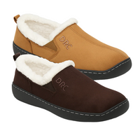 A side-by-side view of the Dr. Comfort Men's Vista slippers in camel and chocolate colors. These cozy slip-on shoes feature a soft fleece lining, durable black outsoles, and embroidered 