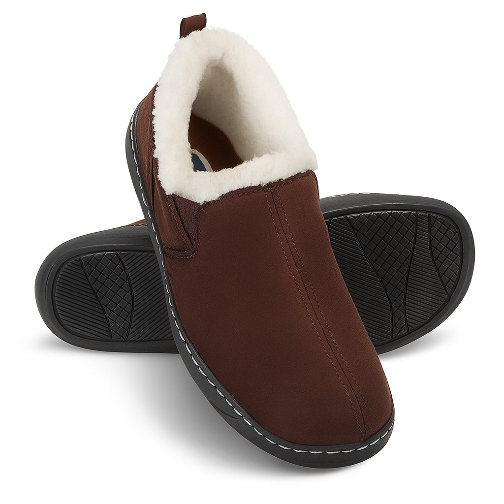 A front and bottom view of the Dr. Comfort Men's Vista slipper in chocolate brown. This cozy slip-on features plush white fleece lining, a soft upper for warmth, and a durable black sole with tread for both indoor and outdoor use. Ideal for comfort and diabetic foot care.