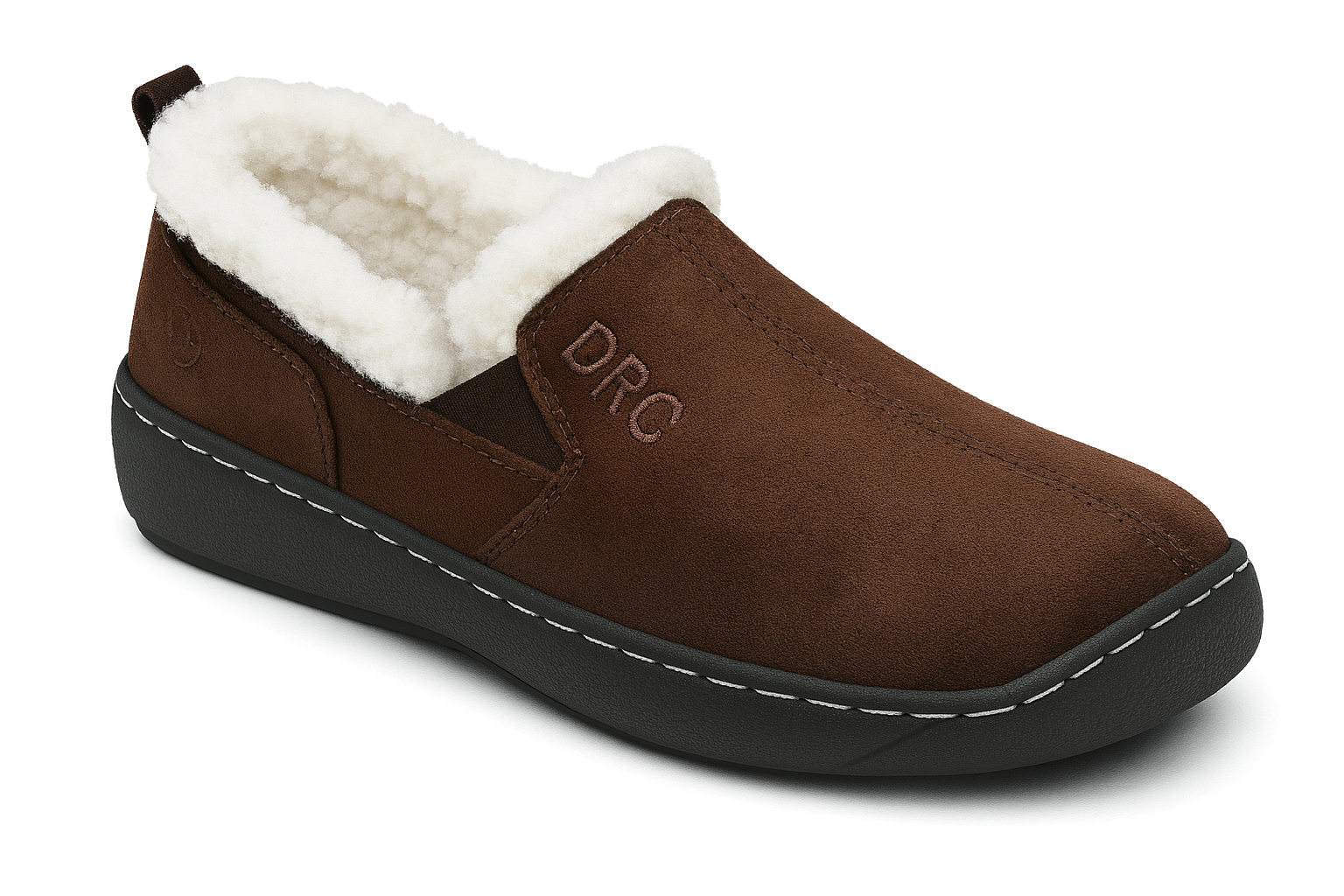 Side view of the Dr. Comfort Men's Vista Slipper in Chocolate, showcasing its soft suede-like exterior, plush white fleece lining, and durable black outsole.