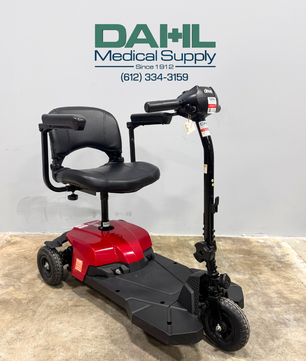 Angled front view of the Drive BoBCAT X3 3-wheel mobility scooter highlighting the adjustable tiller, easy-to-use controls, and compact design for indoor and everyday use. Displayed at Dahl Medical Supply.